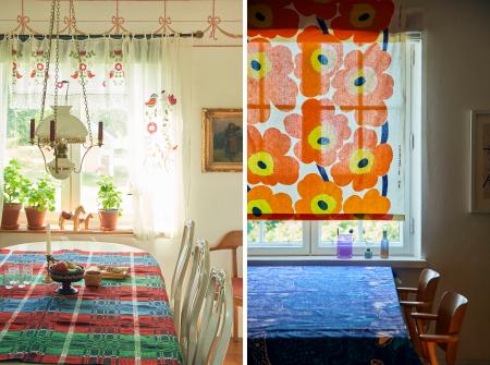 　テーブルクロス（作者不詳　１８９０）（左）と、プリント布「ウニッコ」（マイヤ・イソラ　１９６４　マリメッコ）（いずれもｐｈｏｔｏ：Ｋｅｎｔａｕｒｏｓ　Ｙａｓｕｎａｇａ）（提供写真）