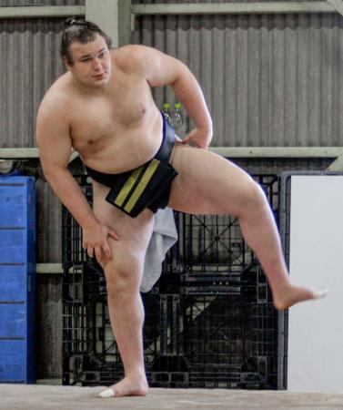 新調した黒色の締め込み姿で四股を踏む安青錦＝大阪府松原市の安治川部屋宿舎