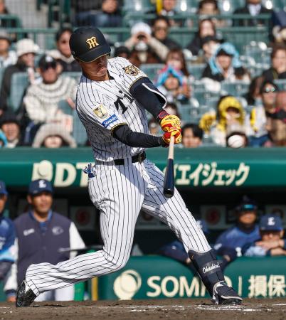 ７回、右中間に２点三塁打を放つ阪神・岡城＝甲子園