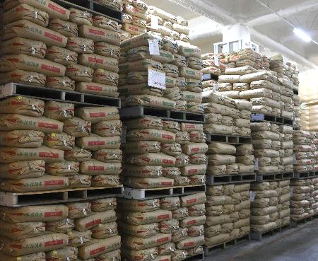 倉庫に保管されている政府備蓄米＝２０２５年５月、神奈川県内
