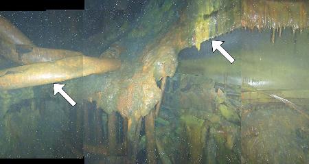 東京電力福島第１原発３号機の原子炉圧力容器底部付近。容器底部とみられる構造物（右矢印）や、本来容器内にある制御棒関連の部品（左矢印）がむき出しになっている＝１７日（東電提供）