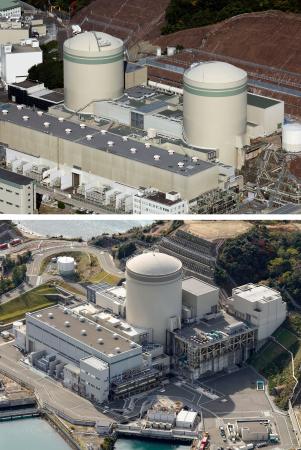 関西電力高浜原発の（上右から）１号機、２号機。下は関西電力美浜原発３号機