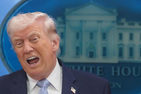 ６日、ホワイトハウスで記者会見するトランプ米大統領＝ワシントン（ゲッティ＝共同）