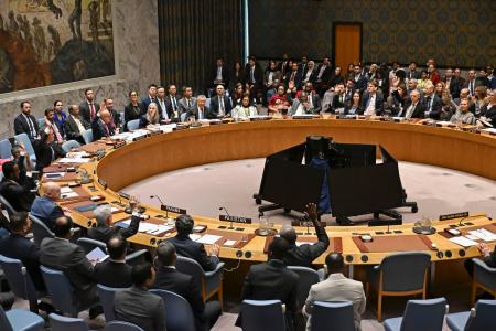 ７日、ニューヨークの国連本部で、ホルムズ海峡の通航確保を巡る決議案を採決する安全保障理事会（共同）