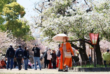大阪市北区の造幣局で開かれた「特別観桜会」で、桜を楽しむ人たち＝８日午前