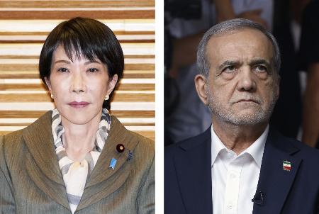 高市早苗首相、イランのペゼシュキアン大統領（ゲッティ＝共同）