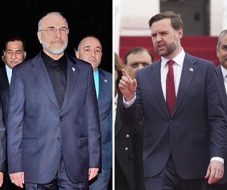 米国とイランの戦闘終結に向けた協議のため、パキスタンに到着したイランのガリバフ国会議長（左、パキスタン外務省提供・共同）とバンス米副大統領（ＡＰ＝共同）