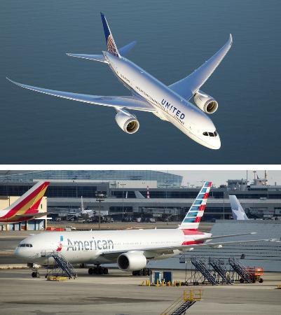 米航空大手のユナイテッド航空機（上、同社提供）とアメリカン航空機