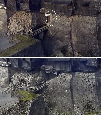 熊本地震の前震翌日の２０１６年４月１５日（上）と本震１０日後の２６日の熊本城の３Ｄ画像から。前震で天守閣入り口の石垣に変形が生じ（点線部分）、本震で崩落したのが分かる。共同通信が撮影した航空写真を基に作成