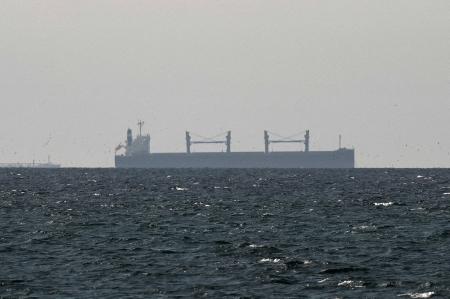 アラブ首長国連邦(UAE)から撮影した、ホルムズ海峡近くの貨物船=3月11日(ロイター=共同)
