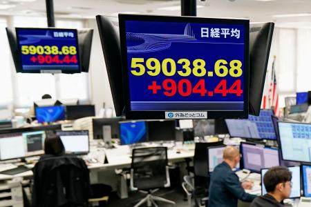 上げ幅が一時９００円を超え、節目の５万９０００円を回復した日経平均株価を示すモニター＝１６日午前、東京都港区の外為どっとコム