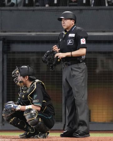 　頭部にバットが直撃し審判員が負傷したことを受け、ヘルメットをかぶる運用が始まった日本ハム―西武戦の球審＝１８日、エスコンフィールド北海道