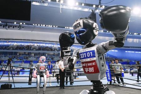 ２０２５年８月に行われた「世界人型ロボットスポーツ大会」のキックボクシングの試合前にポーズをとるロボット＝北京（共同）