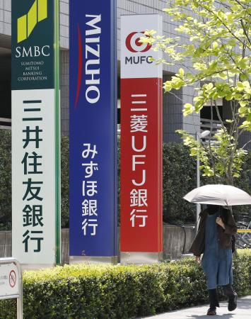 大手銀行各社の看板＝１９日、東京都江東区