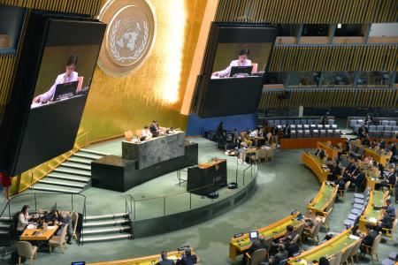 開幕した核拡散防止条約（ＮＰＴ）再検討会議の議場＝２７日、米ニューヨークの国連本部（共同）