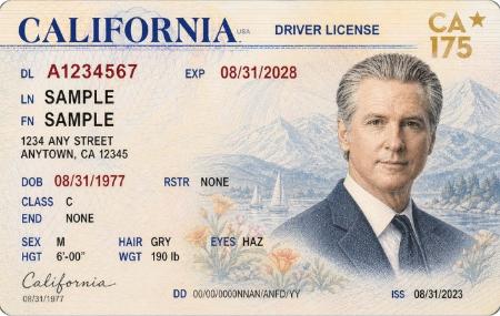 米カリフォルニア州のニューサム知事の肖像画が入った運転免許証（ニューサム氏の広報室のＸから、共同）