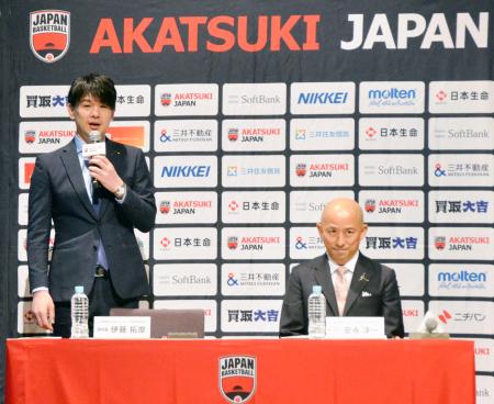 　日本代表候補の発表記者会見に臨む日本バスケットボール協会の伊藤拓摩強化委員長（左）＝１日、東京都内