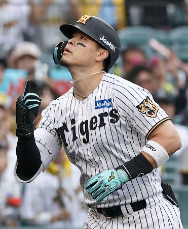 ８回、本塁打を放ちポーズをとる阪神・佐藤＝甲子園