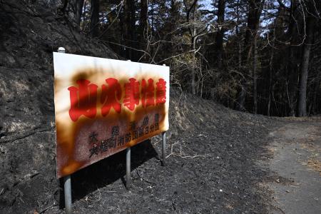 岩手県大槌町の山中で、山火事への注意をうながす看板＝４月
