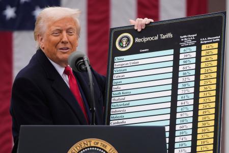関税政策について発表するトランプ米大統領＝２０２５年４月、ワシントン（ＡＰ＝共同）