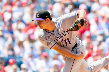 　フィリーズ戦に先発し、５回を投げ７安打５失点で３敗目を喫したロッキーズ・菅野＝フィラデルフィア（ＡＰ＝共同）