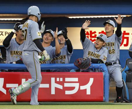 １回、先頭打者本塁打を放った高寺（手前）を迎える阪神ナイン＝神宮