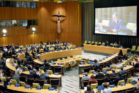 １５日、ニューヨークの国連本部で開かれたＮＰＴ再検討会議（共同）