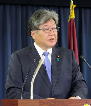 記者会見する自民党の萩生田幹事長代行＝１９日午前、東京・永田町の党本部
