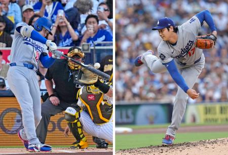 パドレス戦に先発し、5回無失点の好投で4勝目を挙げたドジャース・大谷。打者では1回に8号となる先頭打者本塁打を放った=サンディエゴ(共同)