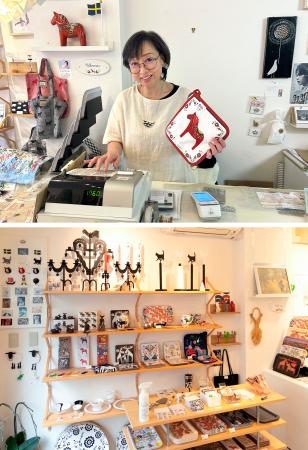 　東京・千駄木の「ＳＷＥＤＥＮ　ＧＲＡＣＥ」でレジ打ちをする川上麻衣子さん（上）と店内（下は提供写真）