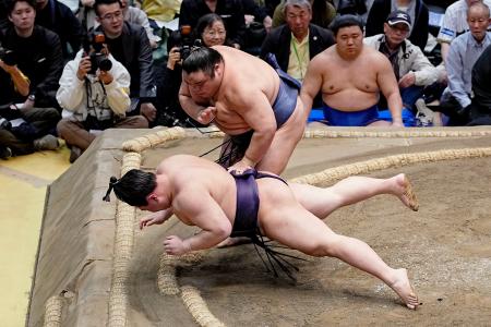 藤凌駕（上）がすくい投げで義ノ富士を破る＝両国国技館