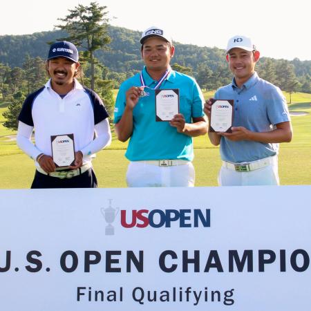 全米オープン選手権の出場権を獲得した（左から）佐藤大平、大岩龍一、大西魁斗＝日野ＧＣ