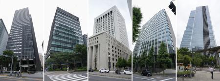 独禁法違反の疑いで公正取引委員会が立ち入り検査を行った、派遣大手5社が入るビル。左からパーソルテンプスタッフ、スタッフサービス、リクルートスタッフィング、アデコ、マンパワーグループ=2日午後、東京都内