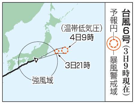 台風6号の予想進路(3日9時現在)