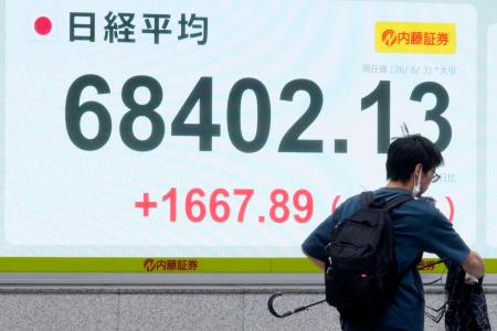 終値が初めて６万８０００円台となった日経平均株価を示すモニター＝３日午後、東京都中央区
