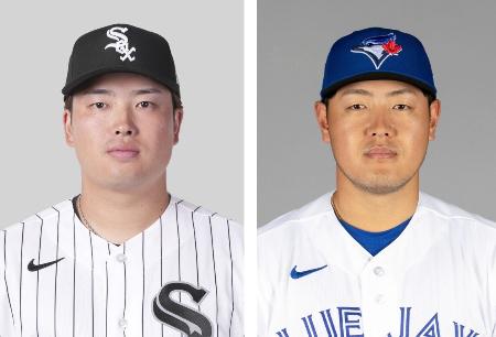 ホワイトソックスの村上宗隆、ブルージェイズの岡本和真(ゲッティ=共同)
