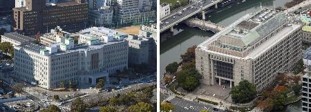 大阪府庁（左）と大阪市役所