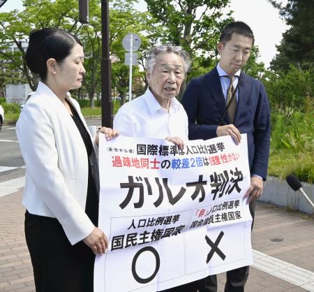 衆院選の「１票の格差」訴訟の判決を受け、仙台高裁秋田支部前で「ガリレオ判決」などと書かれた紙を掲げる原告側の升永英俊弁護士（中央）ら＝５日午後