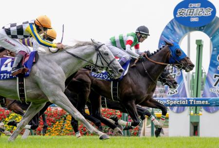 第７６回安田記念を制した武豊騎乗のシックスペンス（右）＝東京競馬場