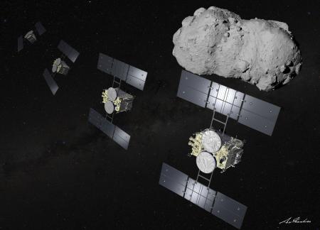 小惑星「トリフネ」の近くを通過しながら観測する探査機はやぶさ2のイメージ(池下章裕氏作成・JAXA提供)