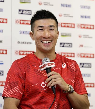 陸上の日本選手権開幕を前に、記者会見する桐生祥秀＝１１日、パロマ瑞穂スタジアム