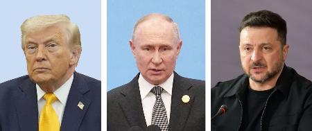 左からトランプ米大統領、ロシアのプーチン大統領、ウクライナのゼレンスキー大統領