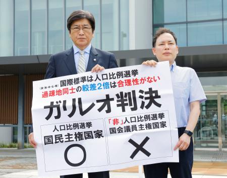 衆院選「1票の格差」訴訟の判決後、名古屋高裁金沢支部前で判断を非難する紙を掲げる伊藤真弁護士(左)ら=17日午後