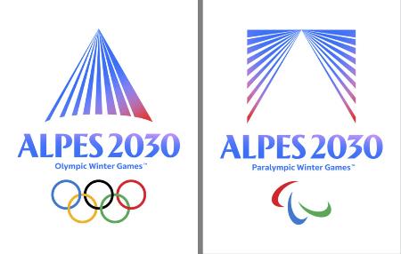 ２０３０年冬季五輪（左）とパラリンピックの大会エンブレム（組織委員会提供）
