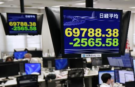 7万円を割り込んだ日経平均株価の終値を示すモニター=23日午後、東京都港区の外為どっとコム