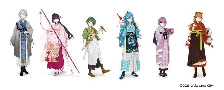 和歌山市の魅力を伝えるご当地キャラクター「和歌山城子」（左端）、「雑賀崎海老子」（右端）ら（同市提供）