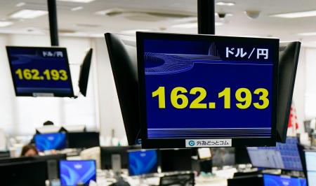 一時１ドル＝１６２円台前半を付けた円相場を示すモニター＝３０日午前、東京都港区の外為どっとコム