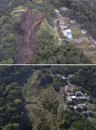大規模土石流が起きた静岡県熱海市の３Ｄ画像から。発生３日後の２０２１年７月６日（上）と今年５月の空撮画像を基に作成した。山の斜面は緑に覆われている