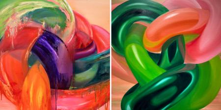 　ＷＡＫＡＮＡ「Ａｄｊａｃｅｎｔ　Ｂａｌｌｏｏｎｓ－Ｐｉｎｋ＆Ｇｒｅｅｎ」（左）、「Ｎｅｉｇｈｂｏｒｉｎｇ　Ｂａｌｌｏｏｎｓ－Ｍｅｔａｌｌｉｃ　Ｇｒｅｅｎ＆Ｙｅｌｌｏｗ　Ｇｒｅｅｎ」（提供写真）