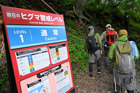 山開きが行われた羅臼岳の岩尾別登山口に設けられたヒグマ警戒レベルを知らせるボード＝５日早朝、北海道斜里町